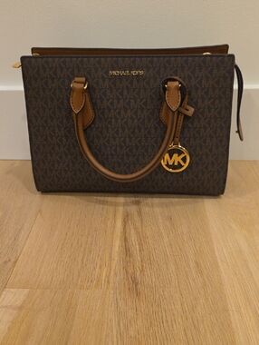 Michael Kors Brown Logo Satchel with Tan Trim and Gold Hardware